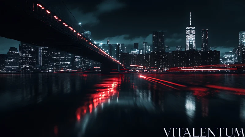 Neon bridge over dark river facing futuristic city skyline.