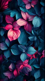 Neon-toned foliage tapestry in deep cyan and magenta glow.