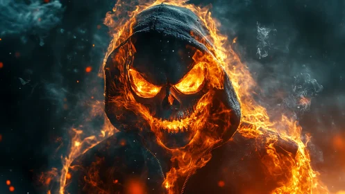 Flaming skull in hooded jacket roars within smoky darkness