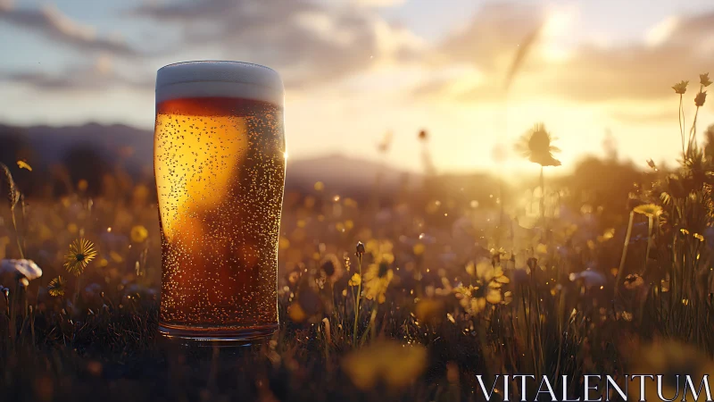 Sunlit pint of beer glows warmly in a wildflower meadow