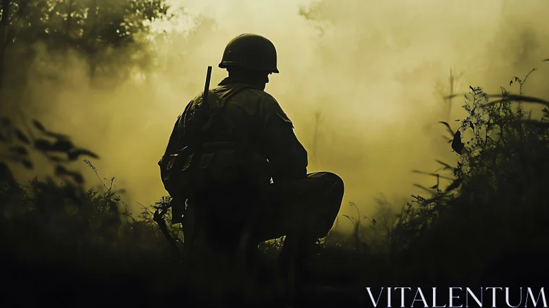 Solitary soldier pauses in a misty battlefield clearing at dawn