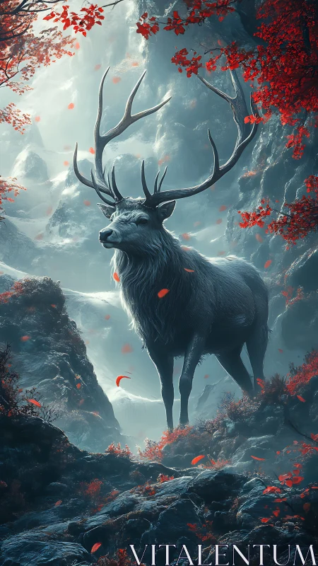 Stag standing in misty valley with red autumn foliage.