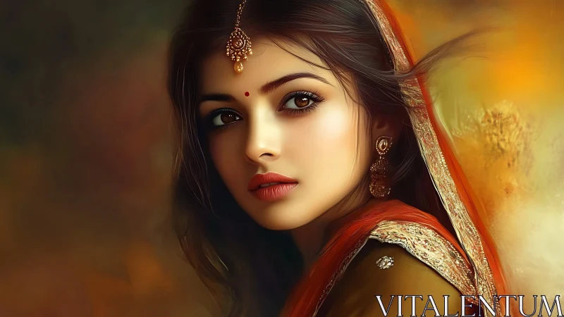 Digital portrait of woman in traditional attire profile view.