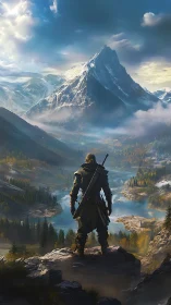Lone cloaked warrior overlooking vast alpine valley.