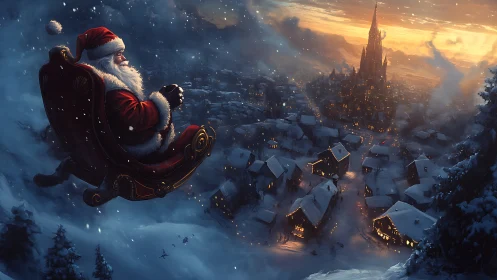 Santa figure in sleigh above snow-covered village at dusk.