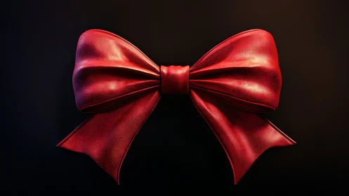 Lustrous red ribbon bow glowing against deep dark night.