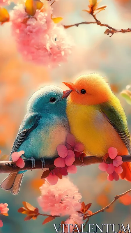 Two stylized birds perch on a flowering branch in soft focus