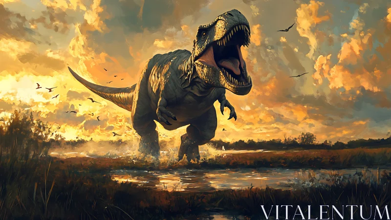 Sunset thunder as a roaring T. rex storms primeval marshlands.