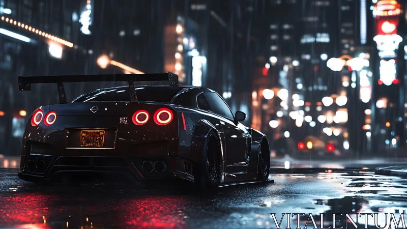 Midnight sports car on wet neon city street in rain.