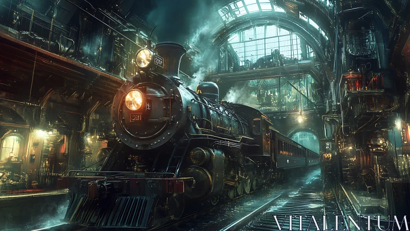 Steam locomotive in luminous retrofuturist station environment.