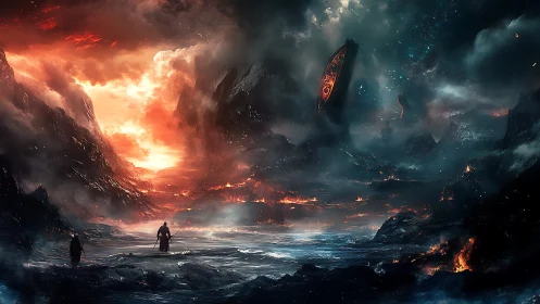 Apocalyptic lava landscape frames lone warriors in epic vista