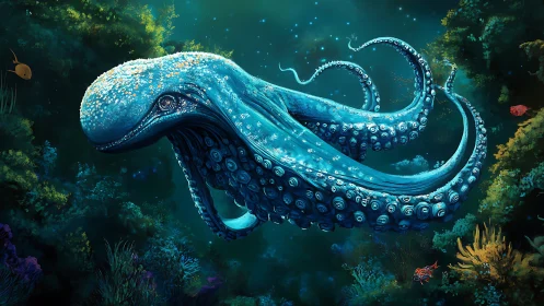 Hybrid whale octopus drifting through deep reef seascape.