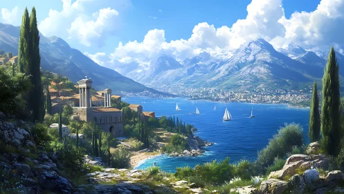 Sunlit seaside town and sailboats beneath bright mountains.