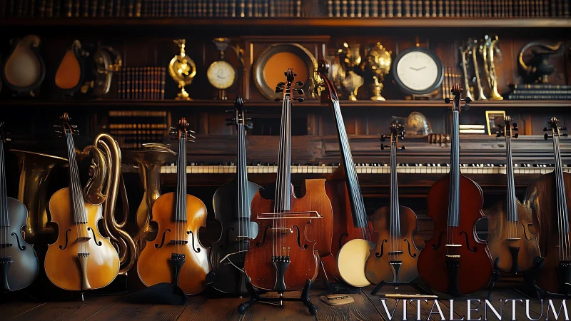 Stringed orchestra collection under warm library lights.