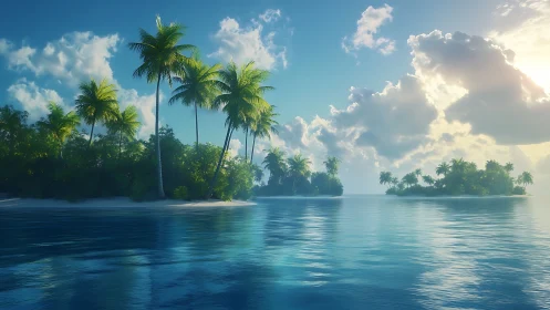 Tropical Island Paradise: Digital Seascape with Palm Fronds.