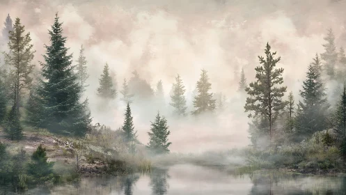 Misty conifer forest surrounding calm reflective waterway.