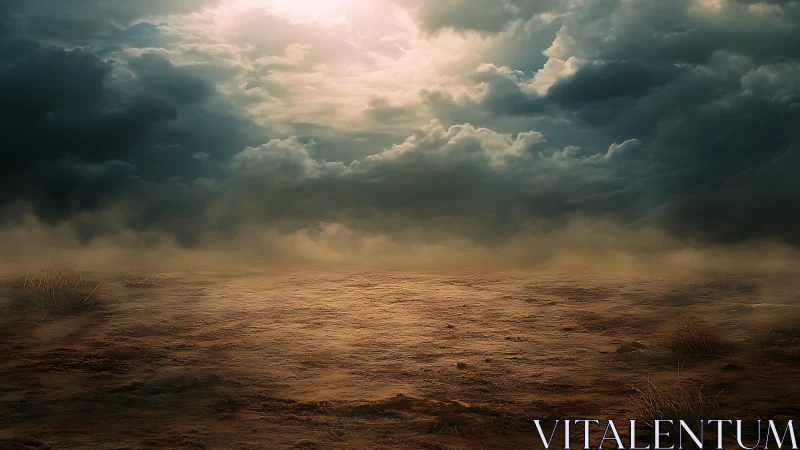 Stormlit barren plain stretches beneath turbulent clouds