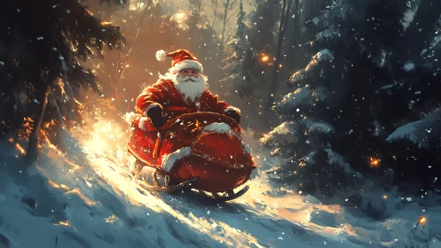 Santa’s joyful snowmobile dash through a glowing forest.