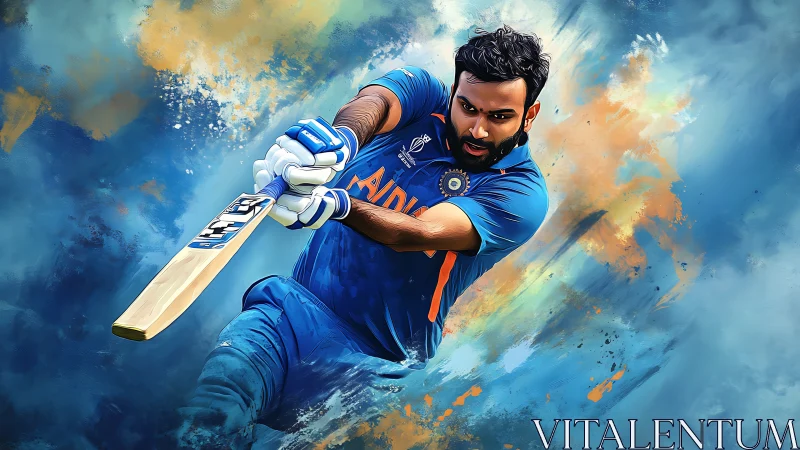 Dynamic cricket batter drives ball through abstract colors.