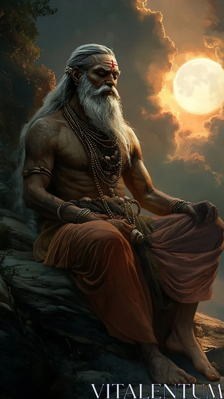Mystic sage meditating under luminous full moonlight.