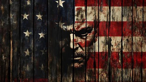 Weathered US flag overlay reveals intense male face through boards