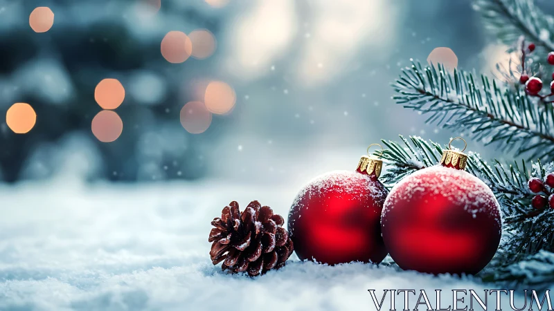 Crimson baubles glimmer in snowlit pine bough magic evening.