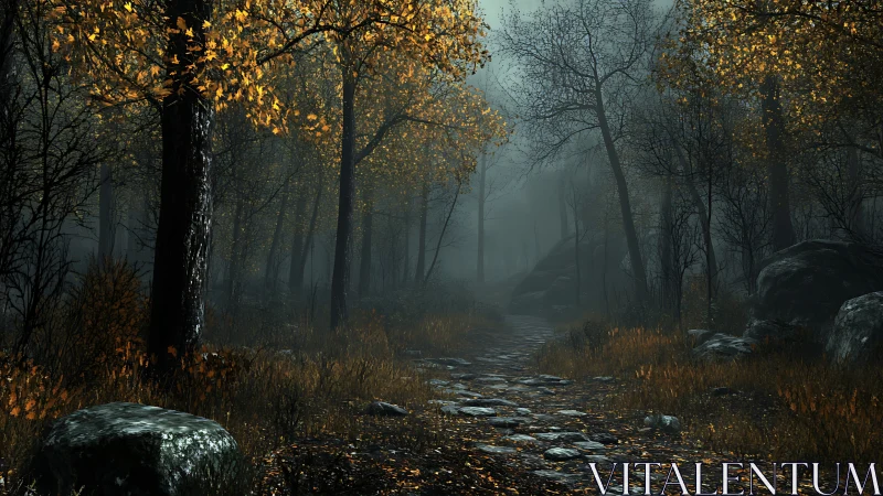 Misty Forest Path Glowing with Autumn Gold.