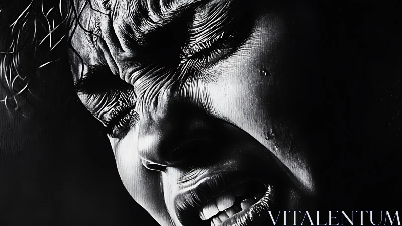 High-contrast facial grimace under extreme directional lighting.