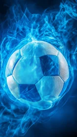 Luminous blue soccer ball burns within ethereal digital flames.