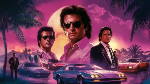 Neon noir kingpins cruise under molten Miami dusk glow.