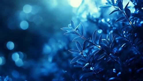 Blue foliage macro with luminous bokeh and shallow depth of field.