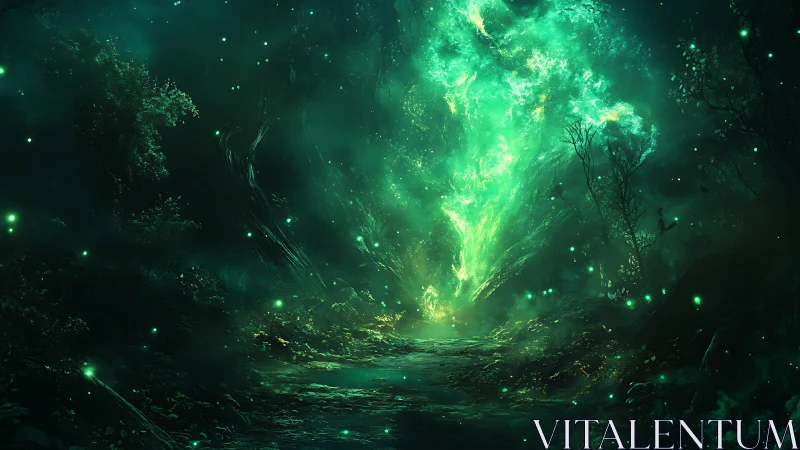 Luminous green energy vortex within dense night forest.