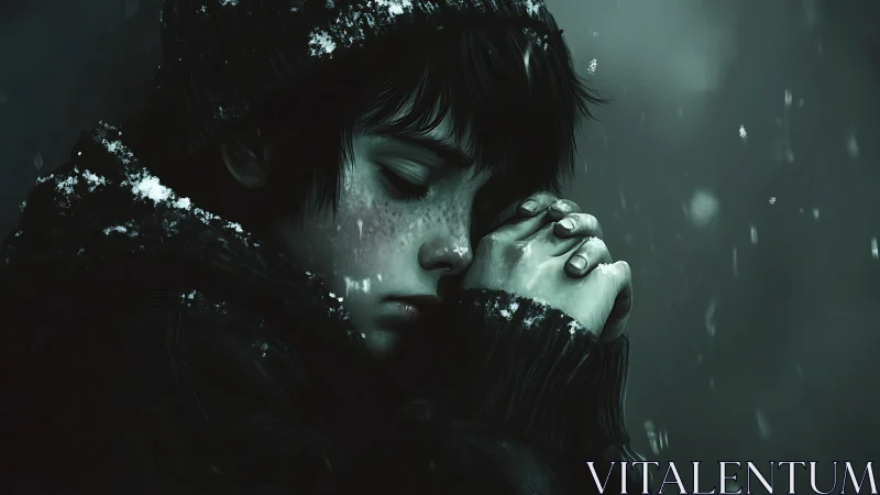 Solitary youth with clasped hands in winter snowfall.