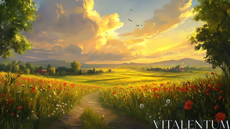 Sunlit country path winds through golden flowered fields.