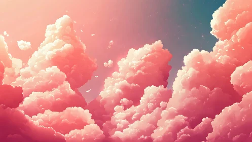 Sunlit pink clouds rise into a dreamy, tranquil sky