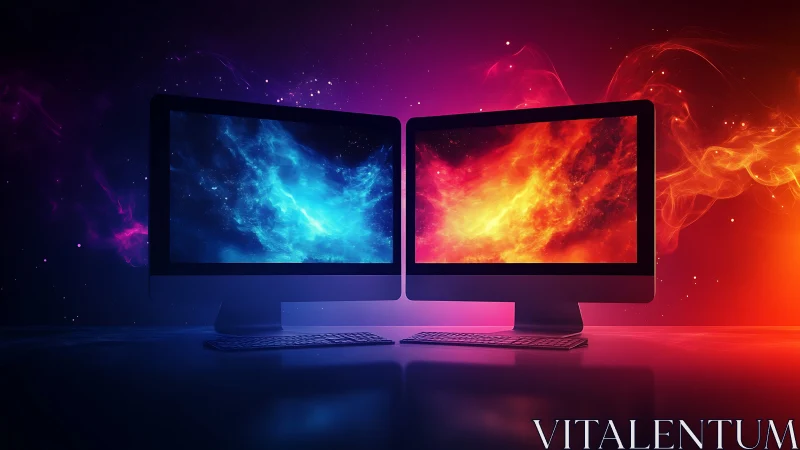 Dual monitors display vivid blue and orange nebula energy.