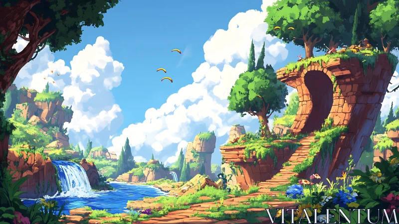 Stone arch terrace in stylized river valley landscape.