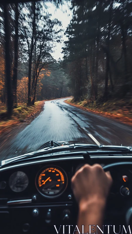 Driver steers classic car along wet forest road at speed