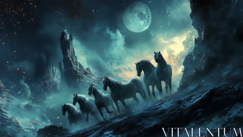 Lunar-lit white horses in a misted cinematic fantasy canyon.