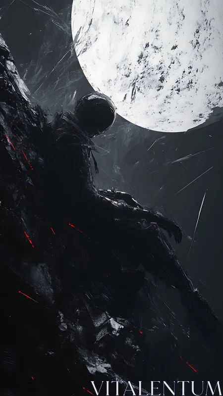 Solitary astronaut silhouette drifts beneath fractured moon
