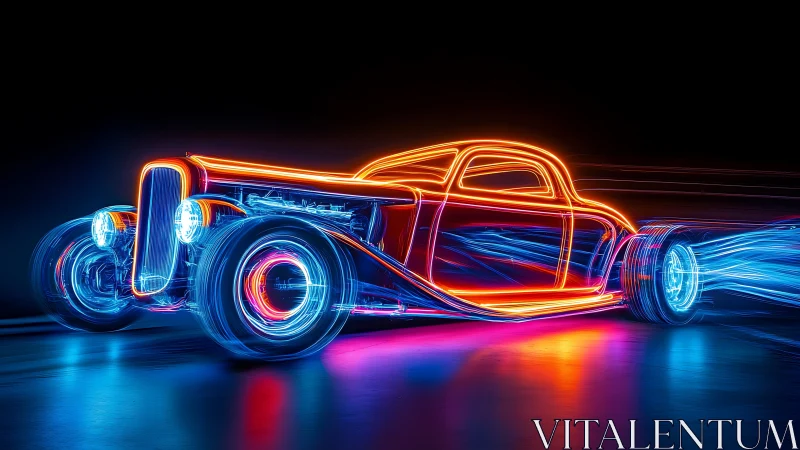 Neon hot rod outlined in electric motion trails.