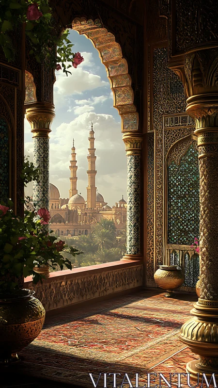 Ornate balcony gazes over sunlit domes and minarets.