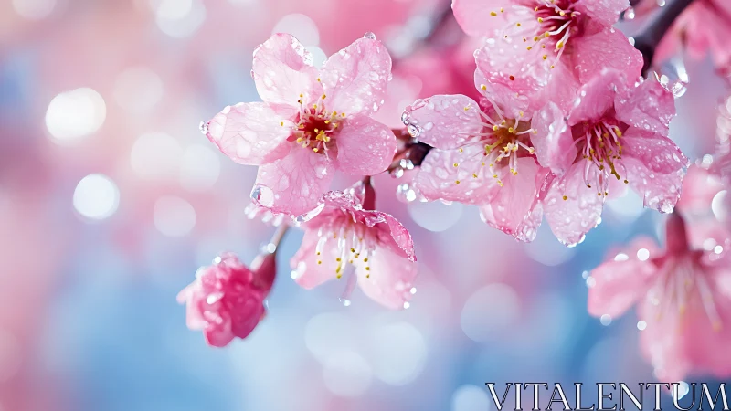 Cherry Blossom Clusters with Crystalline Water Droplets in Shallow Focus Depth