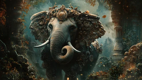 Elephant with ornate metallic armor stands in dense ruins