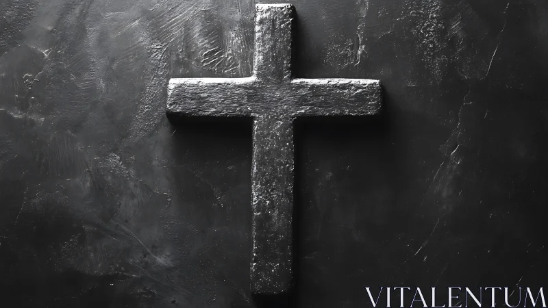 Textured metallic cross isolated on matte black plaster wall