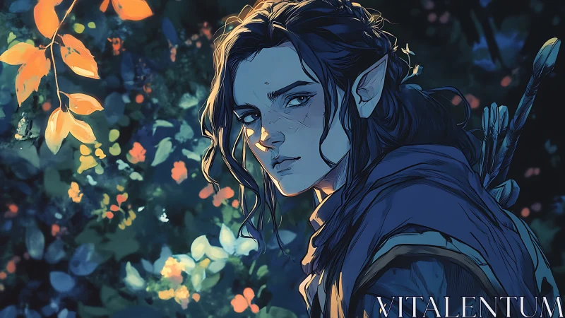 Elf ranger in forest with glowing foliage at dusk.