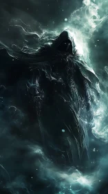 Dark hooded wraith emerging from swirling spectral mist.