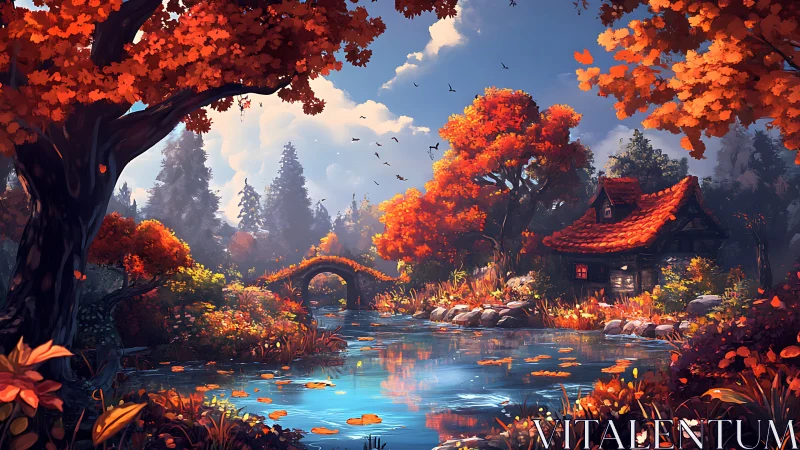 Autumn riverside cottage under glowing maple canopy at dusk.