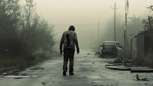 Solitary survivor walks through foggy ruined streetscape.