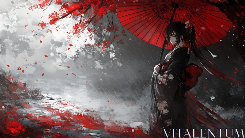 Red umbrella girl in stormy monochrome river landscape.